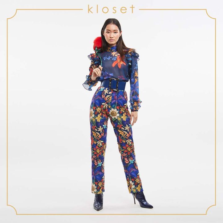 kloset-iris-floral-printed-trousers-aw19-p012-เสื้อผ้าผู้หญิง-เสื้อผ้าแฟชั่น-กางเกงแฟชั่น-กางเกงผ้าพิมพ์-กางเกงขายาว