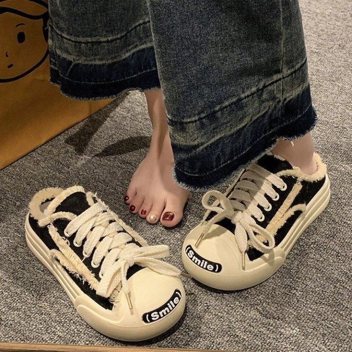 thin-breathable-frayed-leisure-semi-slippers-canvas-shoes-for-women-2023-summer-new-smiley-face-slip-on-lofter-pumps