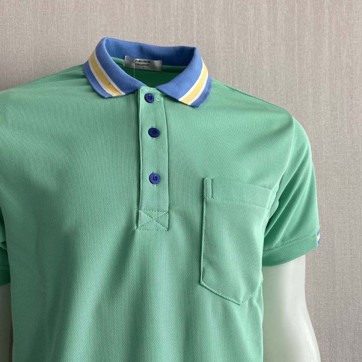 polo-shirt-เสื้อโปโล-ผ้าไมโครแอร์-micro-plus-สีเขียวมิ้นท์-ปกขลีปฟ้าเหลือง-สวมใส่สบาย-แบบคลาสสิค-ไม่เหมือนใคร-เหมาะสำรับอากาศในประเทศไทย