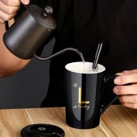 Teacup mug with cover spoon male and female ceramic cup home Korean version student couple milk coffee cup large capacity