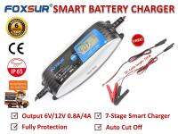 FOXSUR เครื่องชาร์จอัจฉริยะและฟื้นฟูแบตเตอรี่รถจักรยานยนต์และรถยนต์ Smart Motorcycle &amp; Car Battery Charger 6V/12V 0.8A/4A 4-120Ah รุ่น FBC06120840