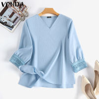 VONDA เสื้อคอวีลำลองของผู้หญิงเสื้อเบลาส์แขน3/4กลวง (ลำลองเกาหลี) #2