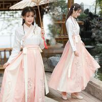 2022 Hanfu ชุดคอสตูมผู้หญิงผู้ใหญ่นักเรียน Ming ทำสไตล์จีนปรับปรุงเอวความยาว Sarong Daily Collar ชุดแป้ง Hanvogue