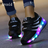 Aroid เด็ก Heelys LED รองเท้าผ้าใบแสงที่มีหนึ่งสองล้อชายหญิงลูกกลิ้งสเก็ตรองเท้าลำลองที่มีลูกกลิ้งเด็กสาวรองเท้ากีฬา