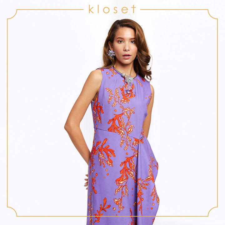 kloset-asymmetric-printed-dress-rs19-d003-เสื้อผ้าผู้หญิง-เสื้อผ้าแฟชั่น-เดรสแฟชั่น-เดรสพิมพ์ลาย-เดรสแขนกุด