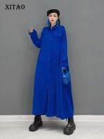 XITAO Dress Fashion Casual Pleated Splicing Long Shirt Dress