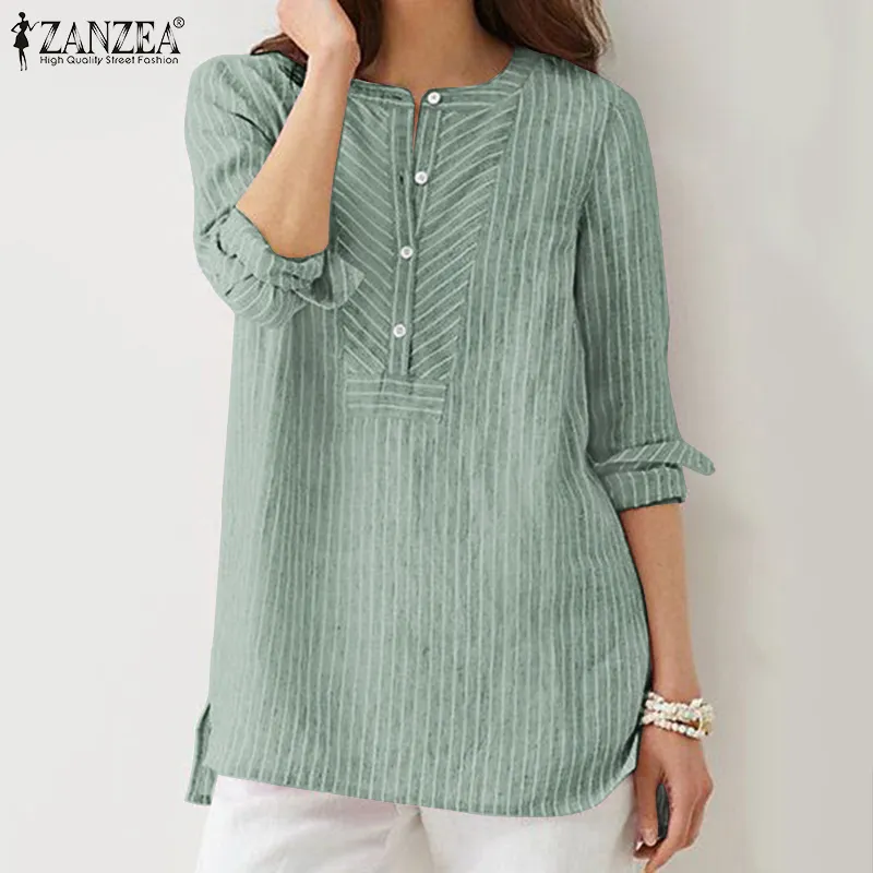 Zanzea Women Button Up Round Neck Stripe Shirt High Low Hem Retro Loose  Blouse Tops | Lazada Singapore