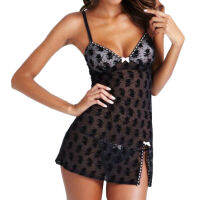 Huahankuang®ผู้หญิงมุมมองเซ็กซี่Strappy Lace VคอNightdress Bowชุดนอนแยกชิ้น