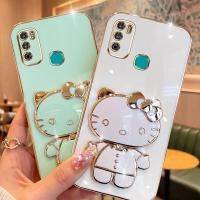 Folding Makeup Mirror Phone Case For Infinix Hot 9 Play X680 X680B X680C X655C X655 X655D  Case Fashion Cartoon Cute Cat Multifunctional Bracket Plating TPU Soft Cover Casing