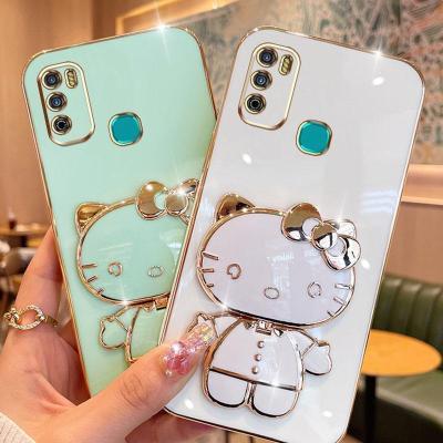 Folding Makeup Mirror Phone Case For Infinix Hot 9 Play X680 X680B X680C X655C X655 X655D  Case Fashion Cartoon Cute Cat Multifunctional Bracket Plating TPU Soft Cover Casing