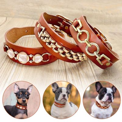 [HOT!] Real Leather Dog Collar Durable Dogs Collars Bling Rhinestone Cool Metal Dog Accessories for Small Medium Dogs