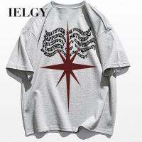 IELGY เสื้อยืดแขนสั้น,เสื้อยืดออกแบบให้มีความเซ้นส์ลายคลื่นตัวอักษรเสื้อแบบหลวมเรียบง่าย