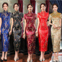 Stran CWwartChinese Traditional Long Cheongsam Dragon Phoenix Summer Silk Satin Qipao Dress Wedding Party Gown Lady Festival Sexy Costume