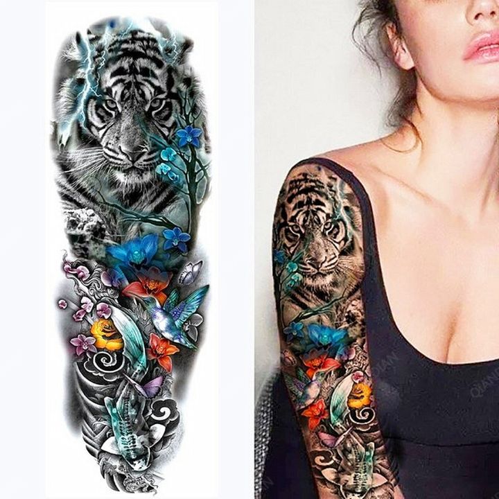 full-arm-temporary-tattoo-lady-gun-eye-flower-tiger-lion-skull-eagle-women-body-leg-waterproof-sticker-cool-man-totem-sleeve