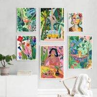 สีสัน Tropical Girl รถดอกไม้ Koala Leopard Wall Art ภาพวาดผ้าใบสำหรับตกแต่งห้องนั่งเล่น