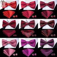 ♦✈❧ Hi-Tie Rose Red Burgundy Maroon Silk Mens Bow Tie Hanky Cufflinks Set Pre-tied Butterfly Knot Bowtie for Male Wedding Business