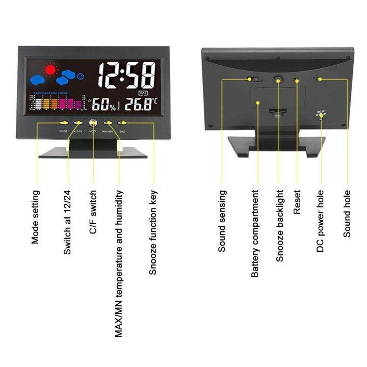 หน้าจอสี-lcd-นาฬิกาปลุกจอแสดงผลดิจิตอลอัจฉริยะสถานีสภาพอากาศเครื่องวัดความชื้นเครื่องวัดอุณหภูมิเตือนปฏิทินนาฬิกา