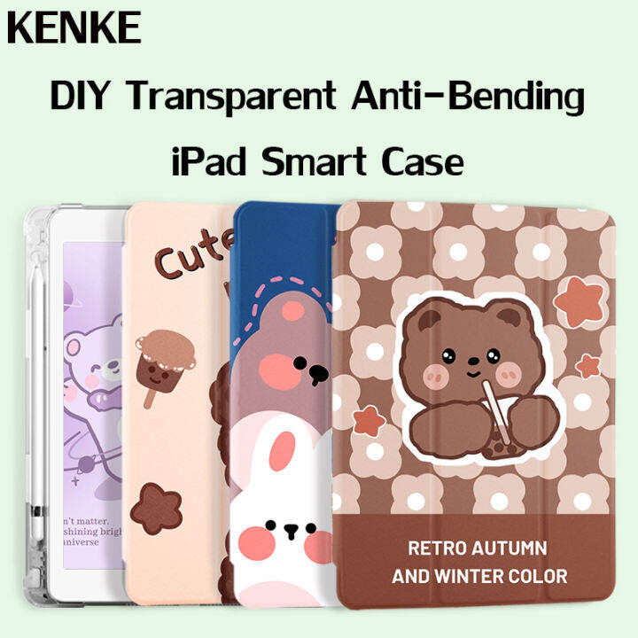 kenke-ipad-กรณีการ์ตูนใหม่น่ารักหมีโปร่งใสกรณี-diy-ดินสอสล็อตสำหรับ-ipad-2020-pro-11-pro-12-9-2021-air-4-air-5-2022-mini-5-mini6-ipad-10-2-gen-7-8-9-gen-ipad-5th-6-th-2017-2018-air-3-pro-10-5-กรณี-cas