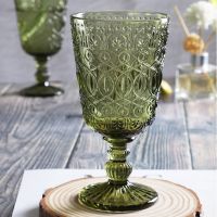 270ml 9oz Colored Goblet Wine Water Glass Pressed Skyblue Green Purple Vintage Embossed Auspicious Cloud Pattern Glass Cup