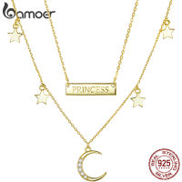 bamoer Crystal Golden Rose Princess Moon Star 925 Sterling Silver Necklace for Women Engagement Anniversary Gift Ball Jewelry