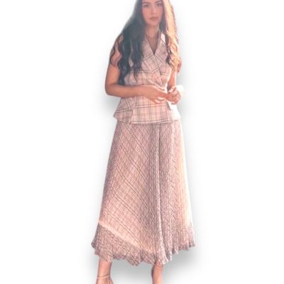 P010-114 PIMNADACLOSET - Sleeveless Lapel Belted Stripe Print Top Chiffon Pleated Long Skirts Set