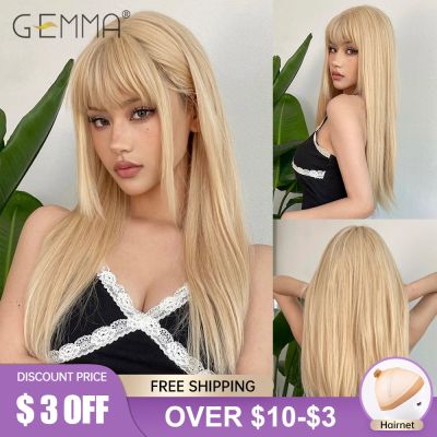 GEMMA Synthetic Light Blonde Long Straight Wig With Bangs Natural Cosplay Hair Wigs For White Women Heat Resistant Fake Hair