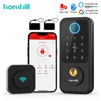 Hornbill Wifi ประตูสมาร์ทที่ล็อกไร้กุญแจรายการที่มี G2เกตเวย์ด้วยแป้นพิมพ์ล็อค Deadbolt ลายนิ้วมือด้านหน้าล็อคอิเล็กทรอนิกส์ระยะไกลในบ้าน