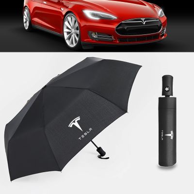 【CW】 Tesla Umbrella Windproof Car Emblem Logo Parasol Sunshade 3 X Accessories