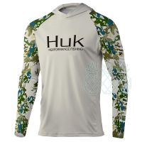 HUK เสื้อยืดผู้ชายสำหรับใส่ตกปลาหมวกแขนยาวเสื้อมีฮู้ดเสื้อกีฬาตกปลาระบายอากาศได้ Upf 50