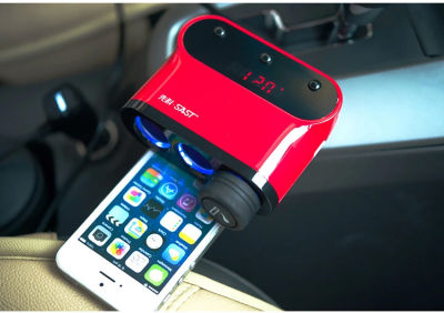 สีแดง ตัวเพิ่มช่องจ่ายไฟในรถยนต์ ใช้กับอุปกรณ์ได้หลากหลาย 120วัตต์ 3ช่อง พร้อม USB 2 ช่อง