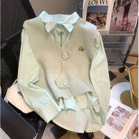 เสื้อกั๊กถักเสื้อกั๊กสีขาวและสีเขียวสำหรับผู้หญิงเสื้อทรงหลวมเก๋ไก๋พับและสวมใส่ได้สองชุดสำหรับฤดูใบไม้ร่วง