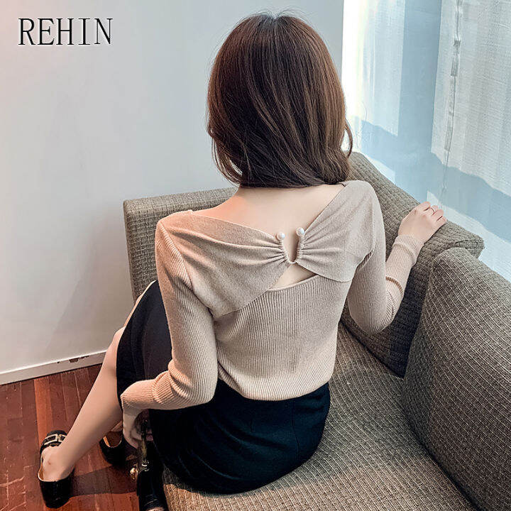 rehin-ของผู้หญิงด้านบนด้านหน้ากลับสองวิธีในการสวมใส่ถักเสื้อกันหนาวเสื้อแขนยาวฤดูใบไม้ร่วงภายในเสื้อบาง