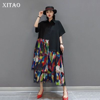 XITAO Dress Asymmetrical Mesh Print Shirt Dress
