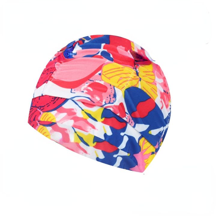 หมวกว่ายน้ำผ้าสีทึบผู้หญิงแบบคละสีเครื่องป้องกันหูพิมพ์ลายหมวกว่ายน้ำขนาดใหญ่อุปกรณ์สระว่ายน้ำชายหาด