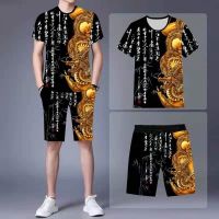 【Hot Sale】 printing trendy mens suit 5-point short-sleeved two-piece Chinese style summer casual dragon figure