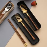 Spoon Fork Chopsticks Cutlery Set Wooden Handle Stainless Steel Dessert Tableware Portable Travel Dinnerware Kitchen Accessories Flatware Sets