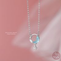 925 Sterling Silver Delicate Blue Zircon Star Moon Pendant Necklace For Women Girl Girlfriend Birthday Gift Jewelry