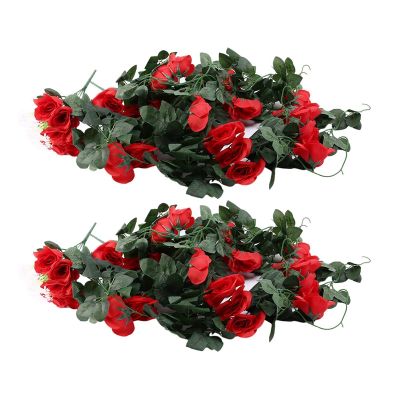 Artificial Rose Fake Flowers Hanging Plant Wall Home Balcony Basket Decor Pack of 2