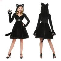 COS Halloween cartoon animal costume couple cat girl panda fur dress up one-piece black