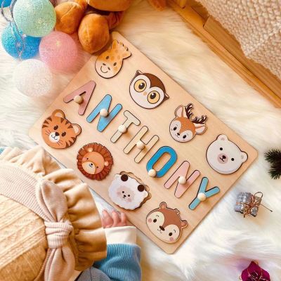 Personalized Name Puzzle With Animals Cow Rabbit Sheep Wooden Toys For Baby Toddler Kids Christmas Gifts