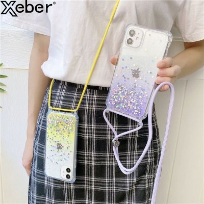 「16- digits」สายโซ่แวววาวเคสโทรศัพท์สำหรับ iPhone 11 13 Pro Max 12 XR XS X Mini 7 8 Plus สร้อยคอ Lanyard Clear Soft TPU ฝาหลัง