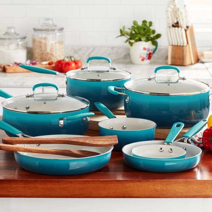 12Pieces Porcelain Enamel Classic Ceramic Cookware Set, Ombre Teal