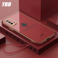 YBD เคสโทรศัพท์เคลือบขอบตรงสำหรับ Xiaomi Redmi 9T,เคสป้องกันกล้องที่แม่นยำฝาครอบลายใบเมเปิ้ลพร้อมสายคล้องฟรี