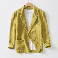 สีเหลืองสมาร์ทเสื้อลำลองผู้ชายสีทึบชุดแจ็คเก็ตผ้าฝ้ายผ้าลินิน4XL ขนาดบวกระบายอากาศเปิดลงปกแจ๊กเก็ต
