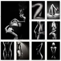 Black and White Sexy Nude Woman Body Posters Bondage Lace Woman Canvas Painting Print Wall Art Pictures for Room Home Decoration