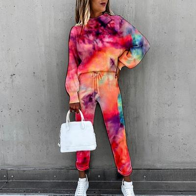 Tracksuit Letters Print/Tie Dye Sports Suit Women Long Sleeve Blouse Pockets Drawstring Pants Outfit for Spring/Autumn