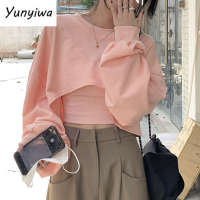 【CW】Women Causal Sweatshirts Loose Solid Crop Tops Hip Hop Dance O-neck Hoodies Baggy High Street Long Sleeve Bolero 2 Pieces Sets