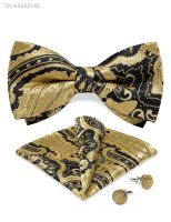 ۞ Causal Mens Gold Black Bowtie Handkerchief Cufflinks Set Pre-tied Silk Bow Tie Dress Business Butterfly Knots for Man Wedding