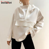 InstaHot Fashion Women Hoodies Oversize Asymmetric Hem Solid Black White Autumn Sweatshirt Loose Streetwear Hooded Pullover Tops