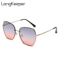 Big Frame Sunglasses Women Brand Designer Sun Glasses Gradient Shades Cutting Lens Ladies Frameless Metal Eyeglasses UV400